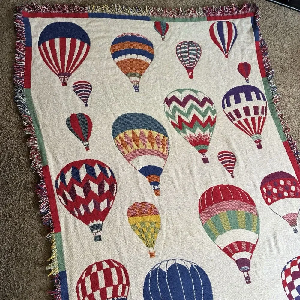 Hot Air Balloon Tapestry Cotton Blanket Throw w/Fringe 70”x46” Two Sided 1970s